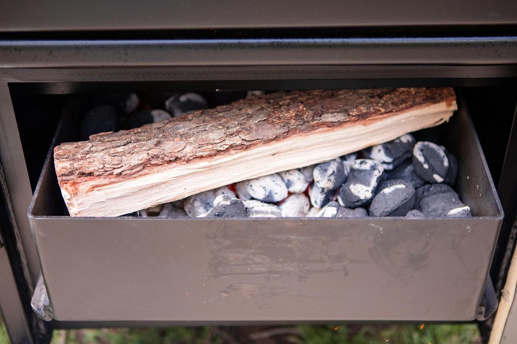 Meadow Creek BX25 Box Smoker Charcoal Pan with Pecan Wood Breaking in the Meadow Creek BX25 Box Smoker