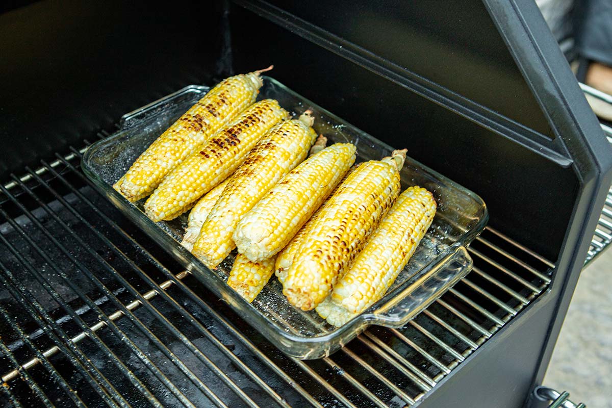 Corn ready to serve Smoked Meatloaf, Corn on the Cob, and Potatoes on the Yoder Pellet Smoker