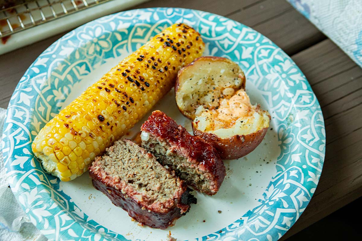 Smoked Meatloaf, Potatoes and Corn Smoked Meatloaf, Corn on the Cob, and Potatoes on the Yoder Pellet Smoker