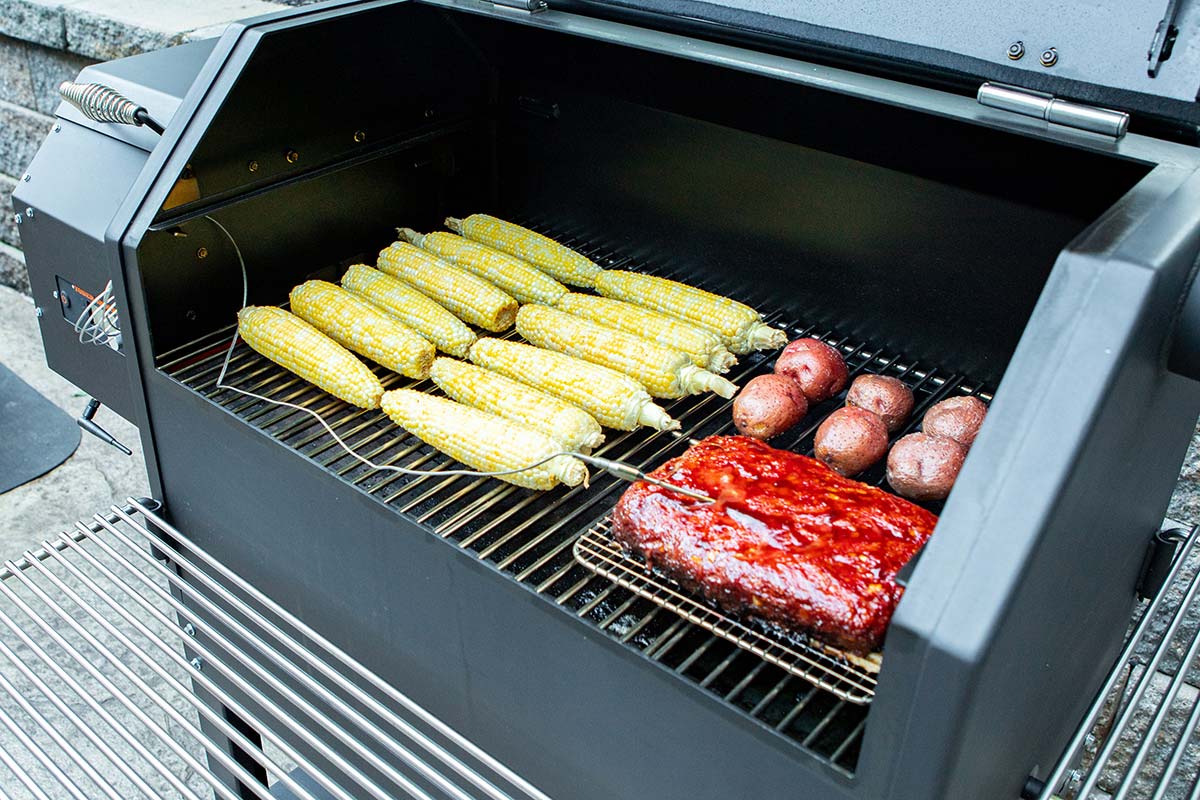 Corn, Meatloaf and Potatoes Smoked Meatloaf, Corn on the Cob, and Potatoes on the Yoder Pellet Smoker