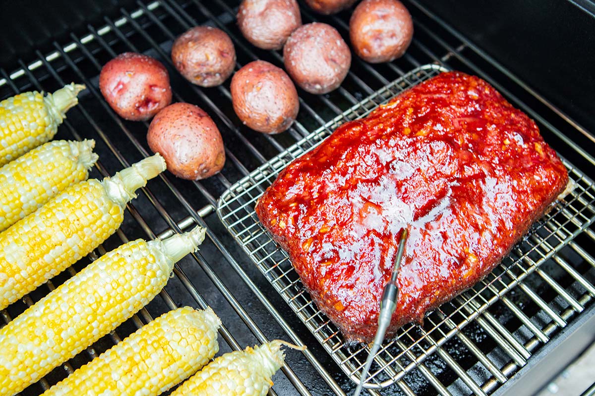 Corn, Meatloaf and Potatoes Smoked Meatloaf, Corn on the Cob, and Potatoes on the Yoder Pellet Smoker