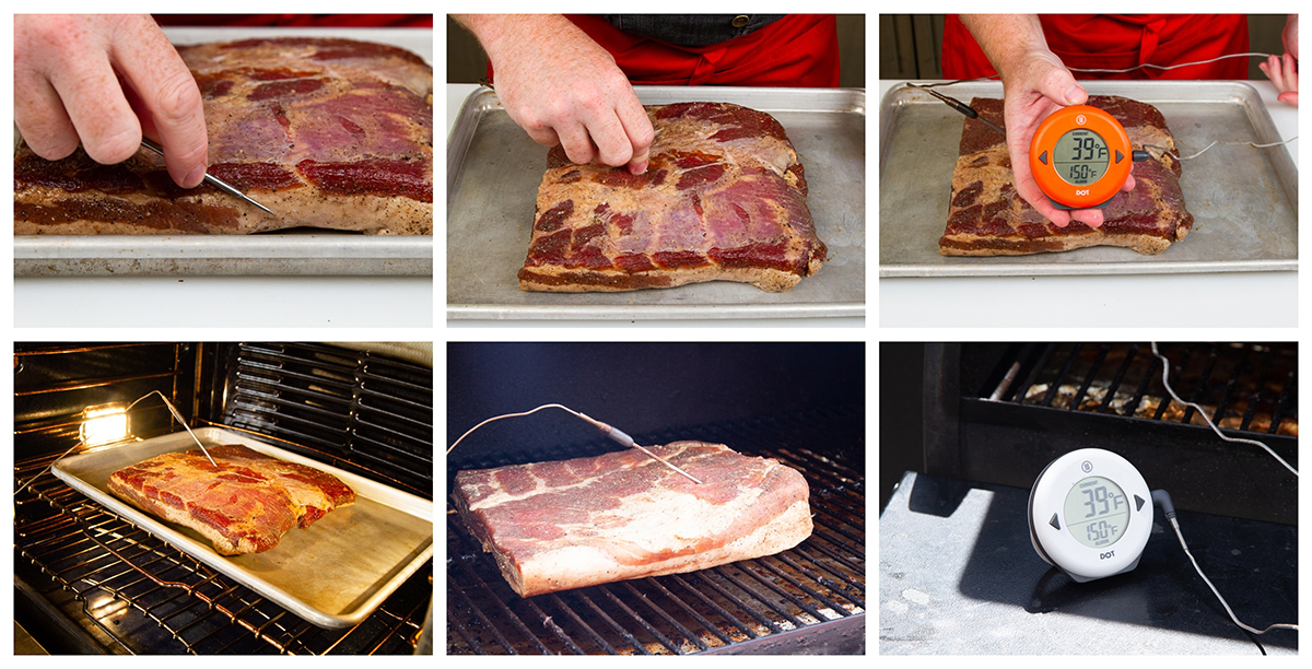 Smoking or Low-Roasting Pork Belly How to Cure and Smoke Bacon with Thermoworks DOT Thermometer