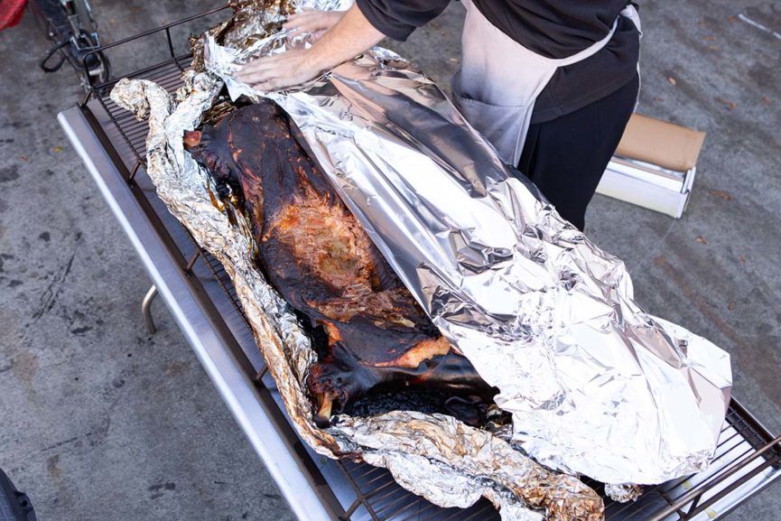 Wrapping Grilled Whole Pig for Rest