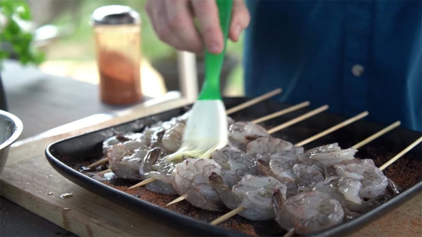 Brushing Citrus Oil on the Shrimp Jim Elser’s Spicy Shrimp Skewers on the Green Mountain Grill