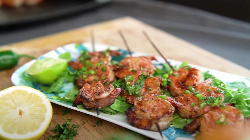 Spicy Shrimp Skewers Plated Jim Elser’s Spicy Shrimp Skewers on the Green Mountain Grill