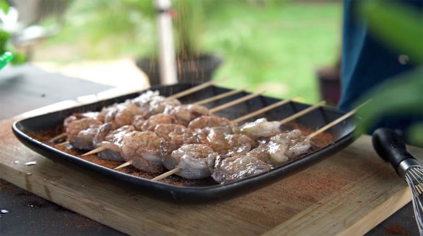 Seasoning Shrimp Skewers Jim Elser’s Spicy Shrimp Skewers on the Green Mountain Grill