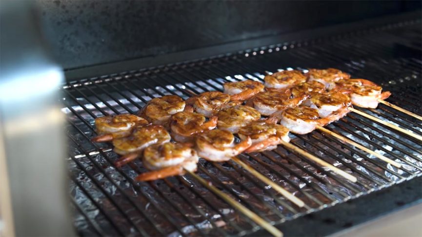 Shrimp Skewers Brushed with Spicy Barbecue Sauce Jim Elser’s Spicy Shrimp Skewers on the Green Mountain Grill