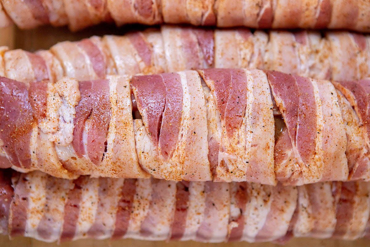Bacon-Wrapped Pork Tenderloin ready for the grill Bacon-Wrapped Apple-Stuffed Tenderloin on the Big Green Egg