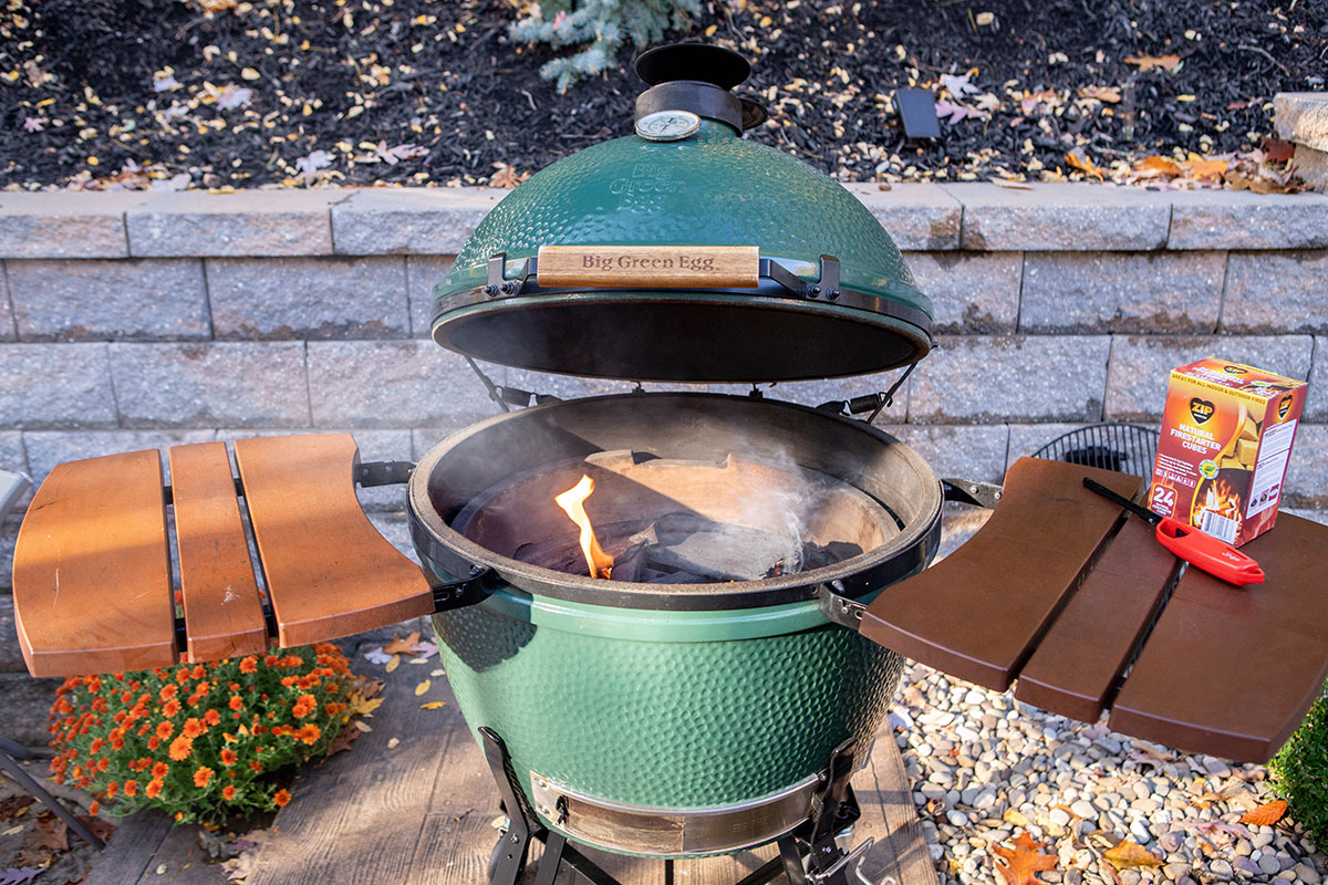 Big Green Egg ready for direct heat grilling Bacon-Wrapped Apple-Stuffed Tenderloin on the Big Green Egg