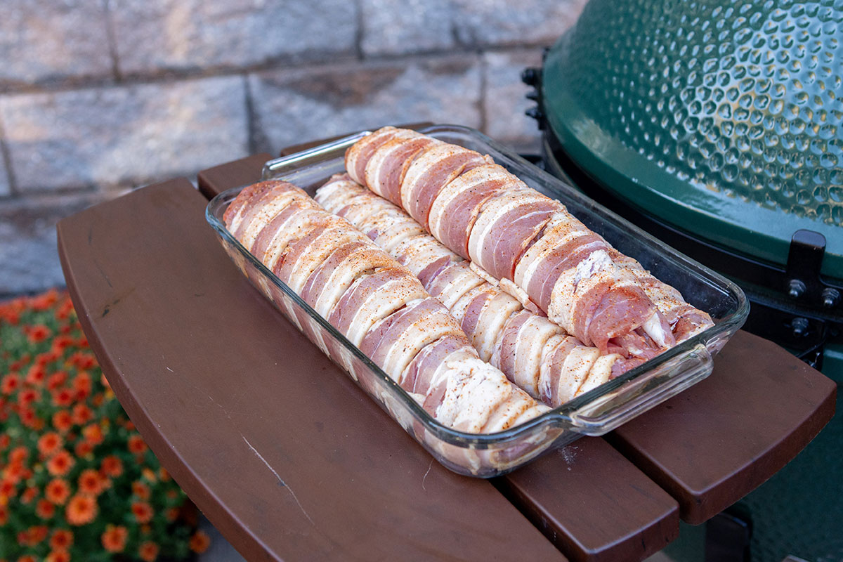 Bacon-Wrapped Pork Tenderloin ready for the grill Bacon-Wrapped Apple-Stuffed Tenderloin on the Big Green Egg