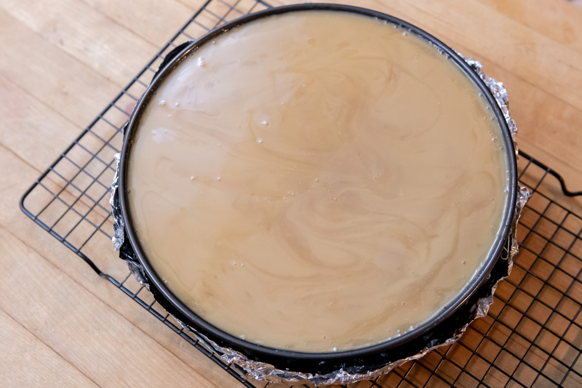 Glazing the Cheesecake Pumpkin Cheesecake Recipe on the Big Green Egg