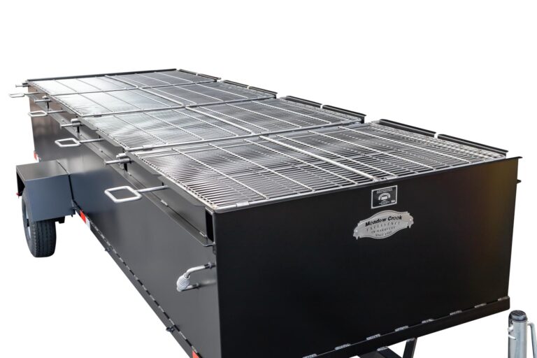 Double-Sided Pivoting Stainless Steel Grates on BBQ144 Chicken Cooker Trailer