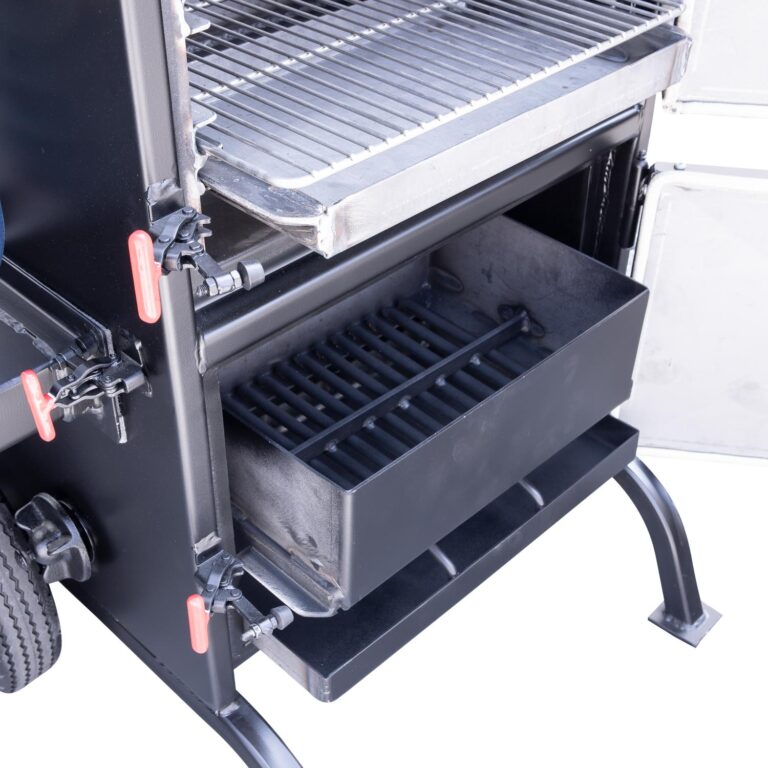 Slide out Stainless Steel Cooking Grate, Grease Pan, Charcoal Basket, and Ash Pan on Meadow Creek BX25 Box Smoker