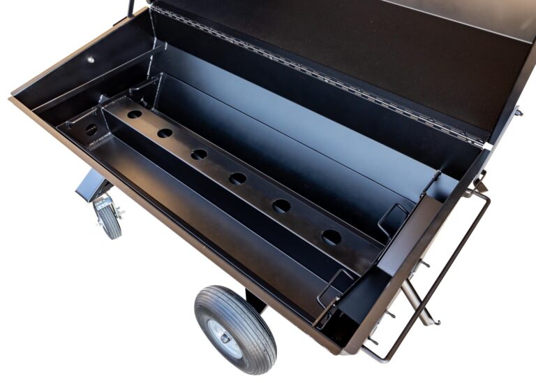 Optional Charcoal Pan Insert, 8" Casters on Stand, and Probe Port on Meadow Creek PR60G Pig Roaster