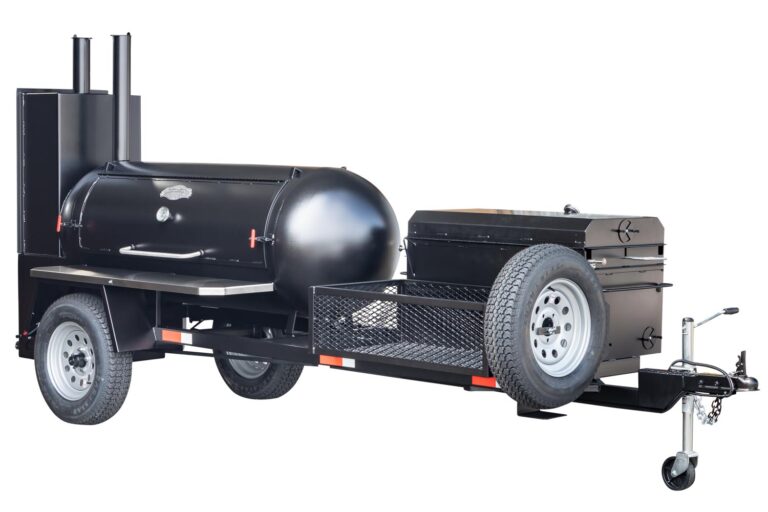 Meadow Creek TS250 With Optional Spare Tire Mounted, BBQ42, Live Smoke, and Stainless Steel Exterior Shelves