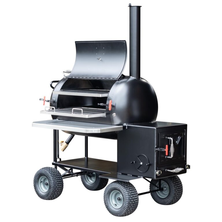 Meadow Creek TS70P Tank Smoker With Optional Wagon Chassis, Stainless Steel Exterior Shelf, and Probe Ports