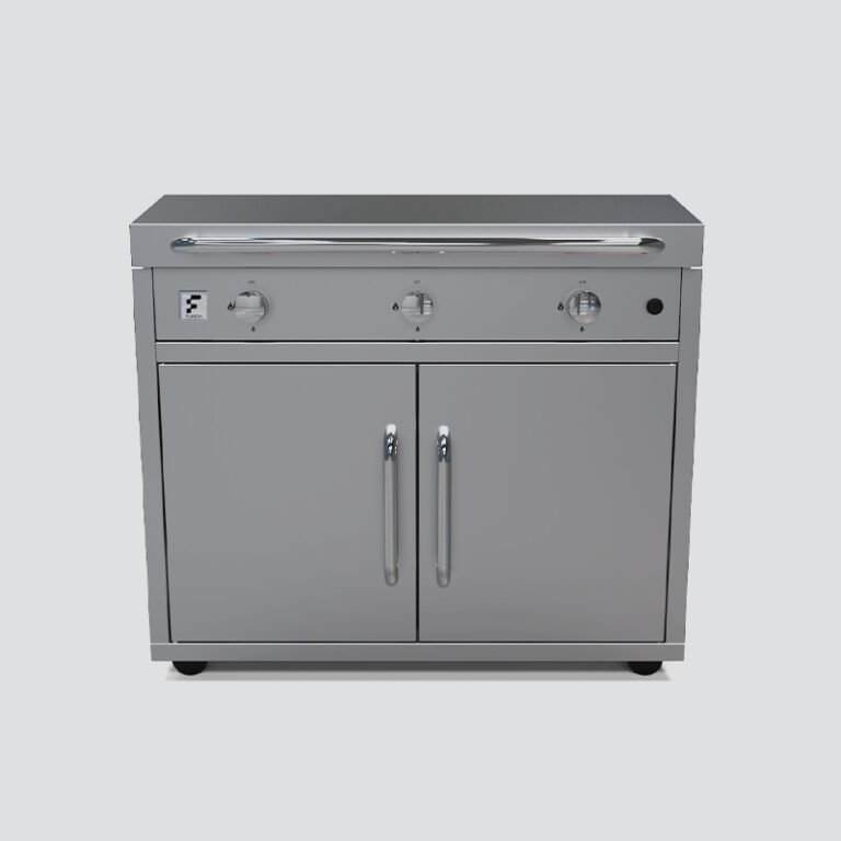 Fusion GFE105 Three-Burner Gas Griddle With Stainless Steel Lid and Trim Kit on a Portable Cart