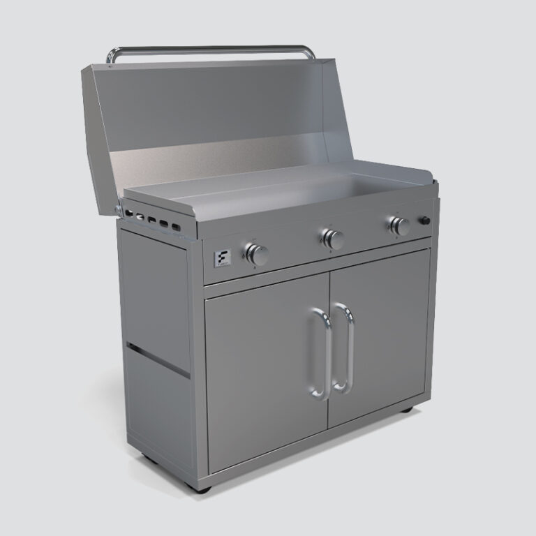 Fusion GFE105 Three-Burner Gas Griddle With Stainless Steel Lid and Trim Kit on a Portable Cart